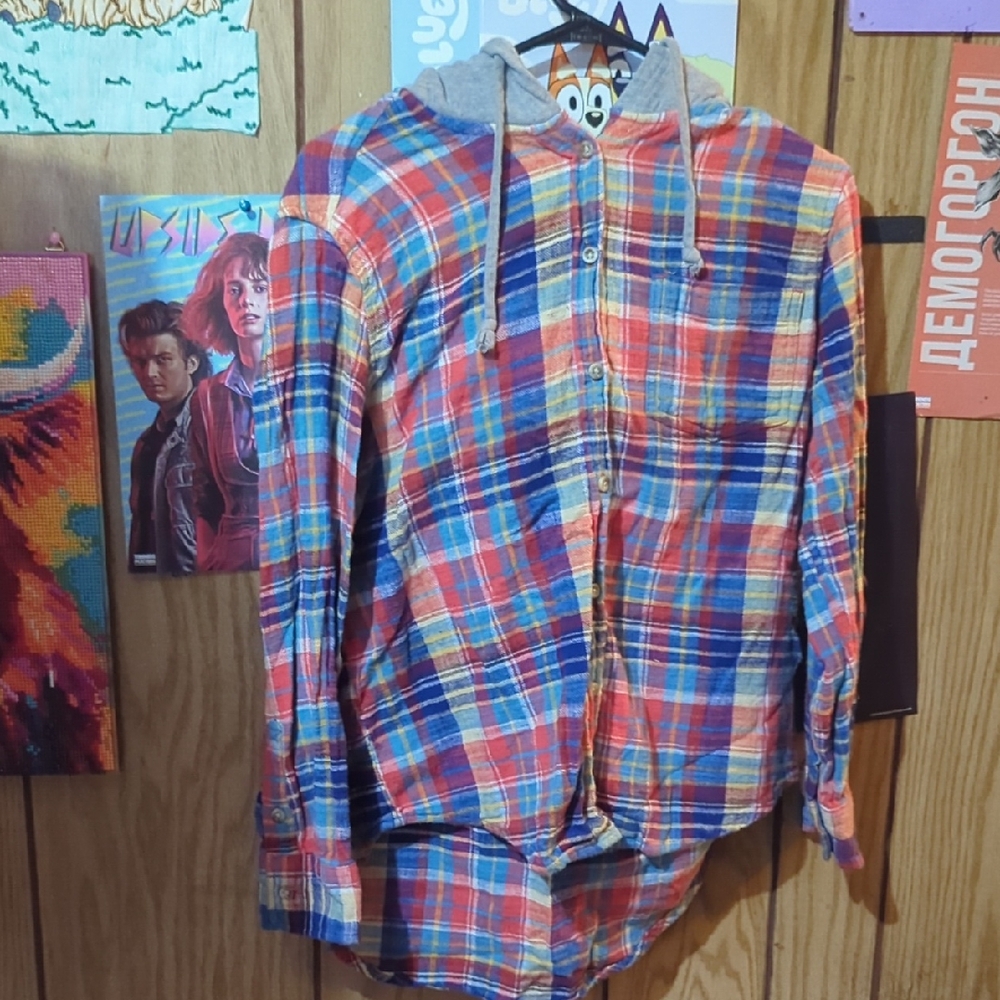Time and Tru Colorful Plaid Hooded Shirt